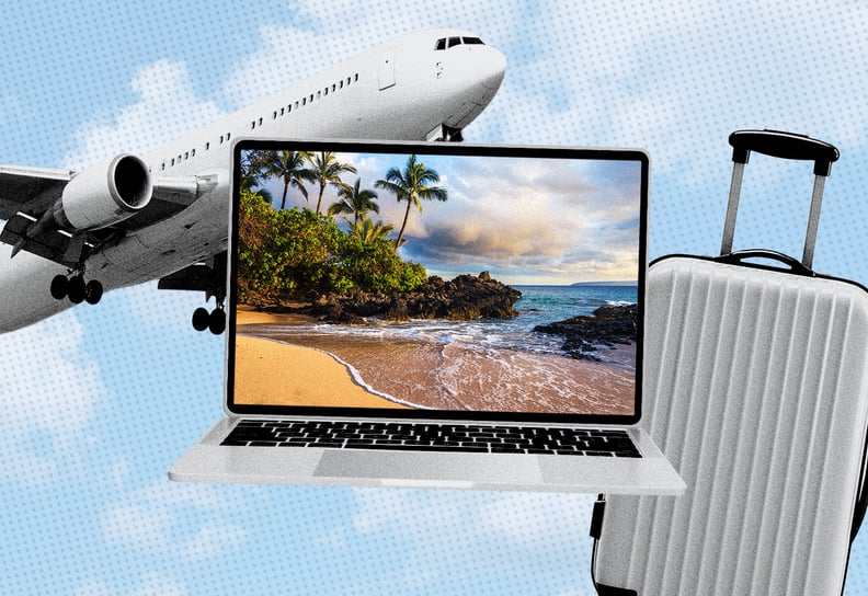 a graphic of a laptop backdropped by an airplane and luggage