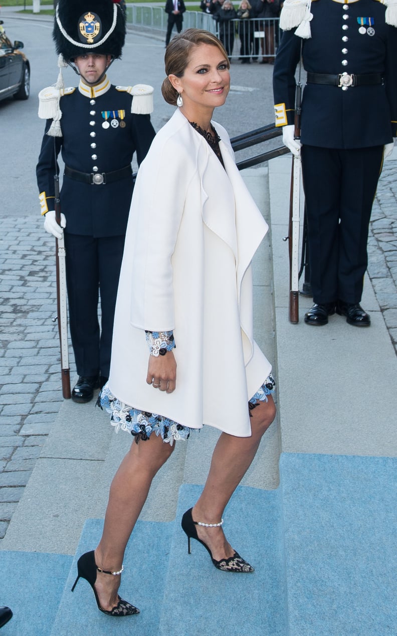 A Floral-Appliqué Dress and Pearl-Strap Heels