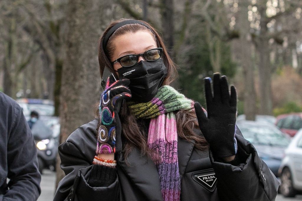 Bella Hadid Wearing Colourful Gloves With Black Prada Coat