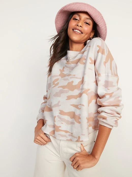 Old Navy Long-Sleeve Loose Cropped Camo-Print Waffle-Knit Top