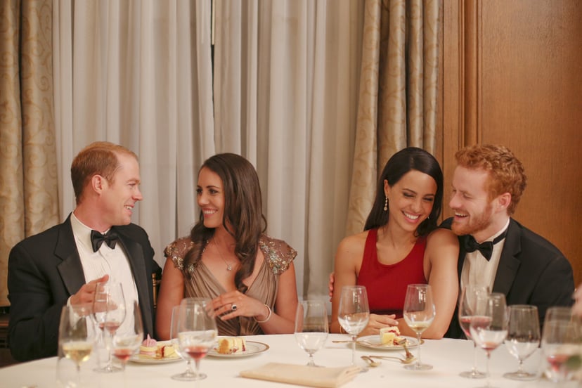 HARRY & MEGHAN: A ROYAL ROMANCE, from left: Burgess Abernethy (as Prince William), Laura Mitchell (as Duchess Kate Middleton), Parisa Fitz-Henley (as Meghan Markle), Murray Fraser (as Prince Harry), (airs May 13, 2018). photo: Lifetime / courtesy Everett 
