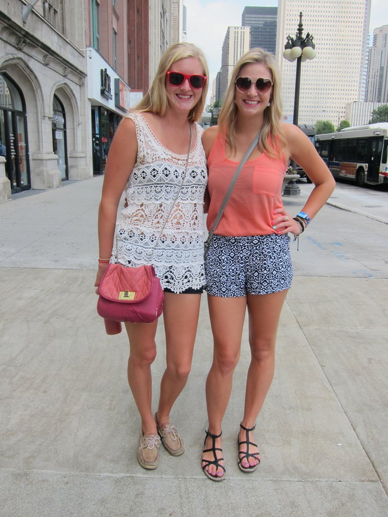 When prep meets fest: Sarah and Morgan wore playful sunglasses and crossbody bags with breezy tanks and crisp shorts. We love Morgan's black-and-white printed ones from PacSun.