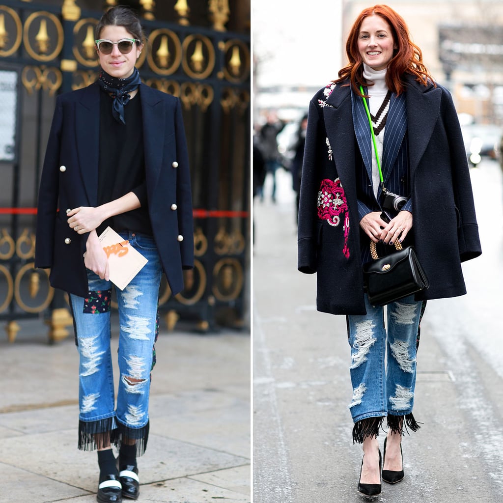 Both Leandra Medine and Taylor Tomasi Hill were on the same wavelength when it came to selecting quirky-cool Junya jeans and structured blazers to top them off. 
Source: Tim Regas and IMAXTREE