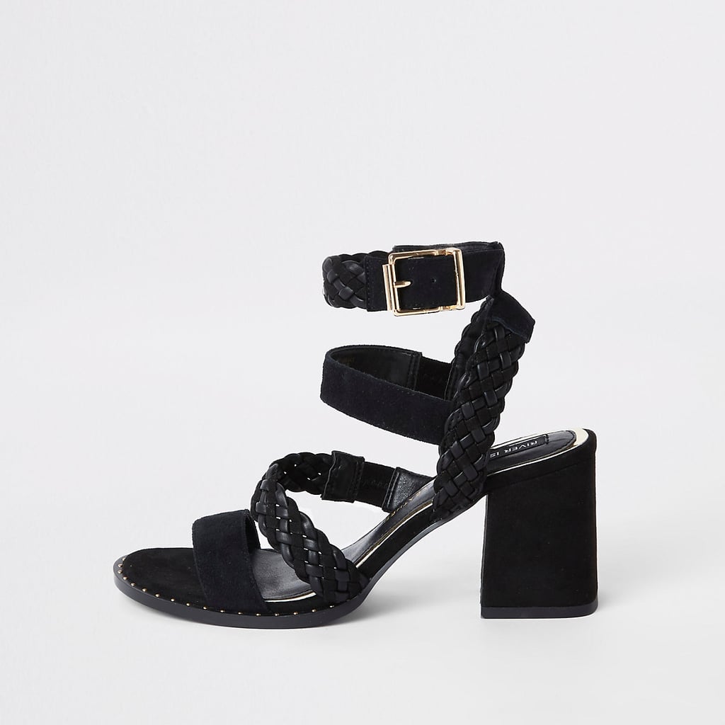 River Island Black Leather Woven Stud Wide Fit Sandals