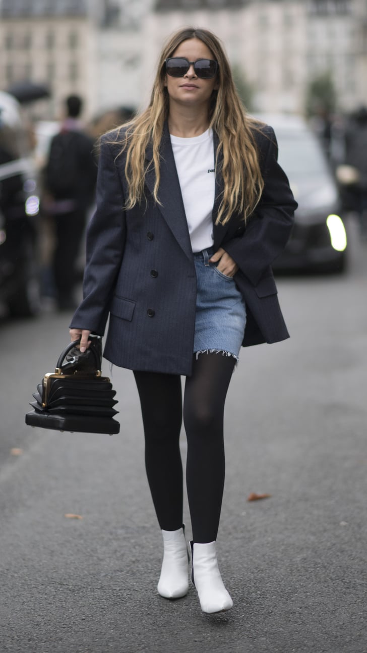 Denim skirt with tights shop and trainers