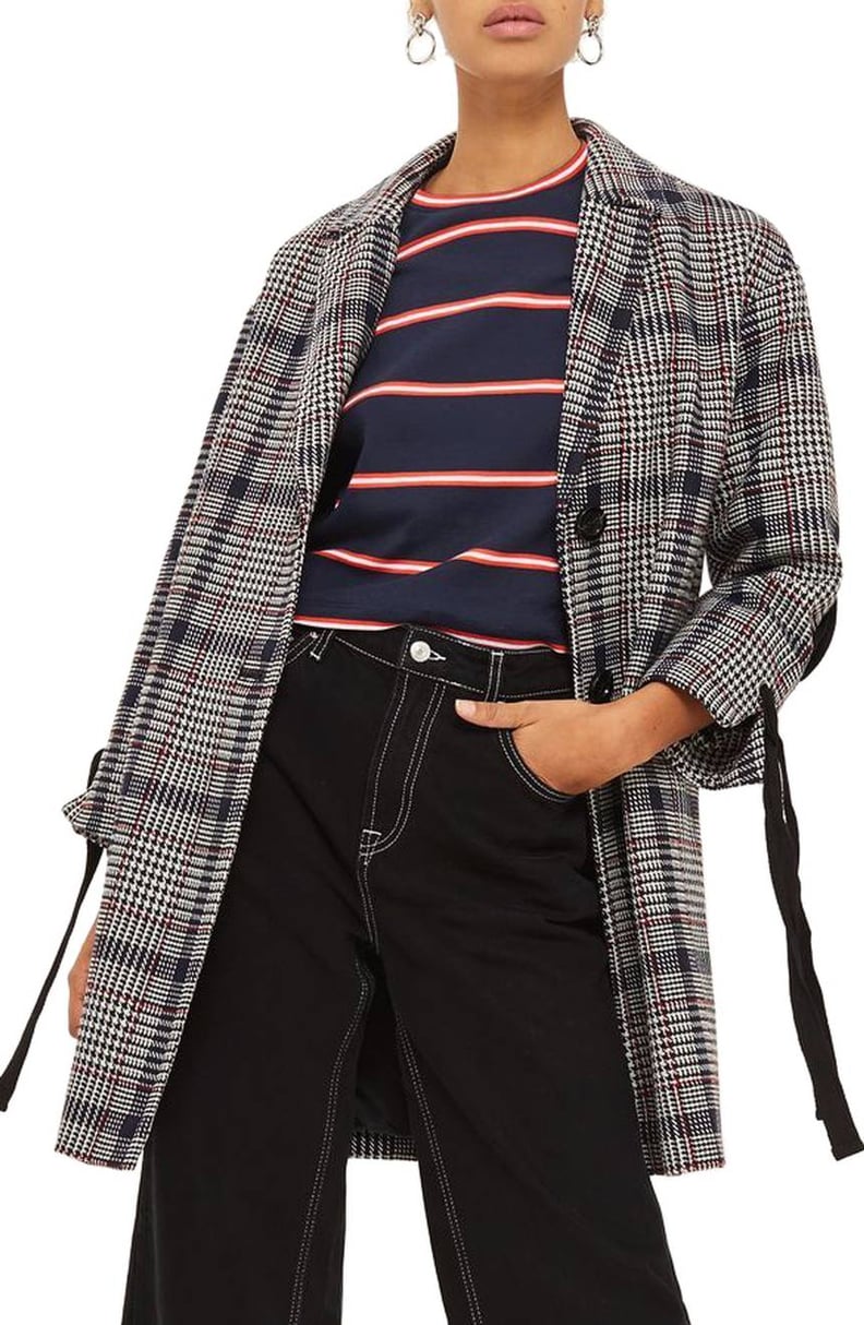 Topshop Women's Lace-Up Sleeve Check Coat