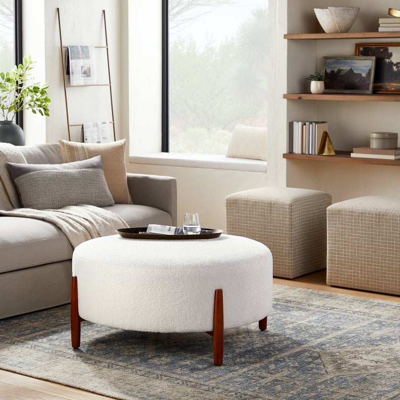 A Fuzzy Ottoman: Threshold designed with Studio McGee Elroy Sherpa Round Cocktail Ottoman