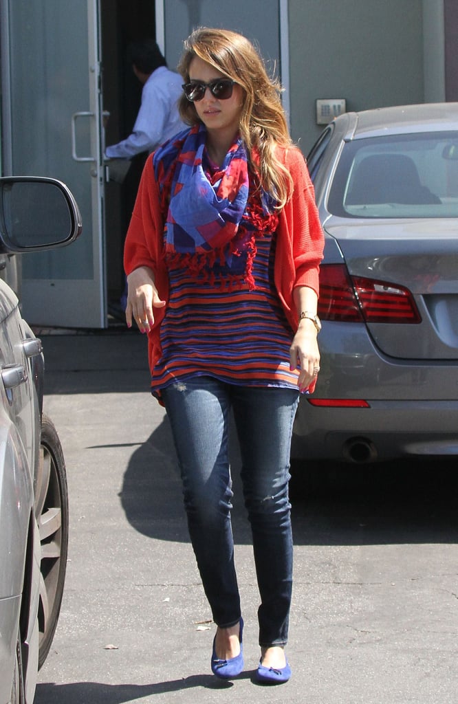 Jessica doubled up on color and print donning a red-and-purple striped Splendid tank with a coordinating scarf and blue ballet flats in LA.