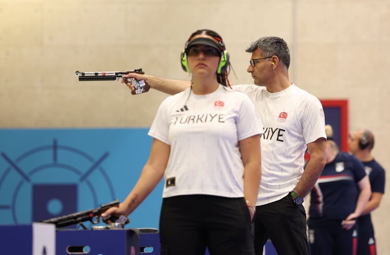 CHATEAUROUX, FRANCE - JULY 30: Turkey's Yusuf Dikec competes in the shooting 10m air pistol mixed team gold medal match on day four of the Olympic Games Paris 2024 at Chateauroux Shooting Centre on July 30, 2024 in Chateauroux, France. (Photo by Charles M
