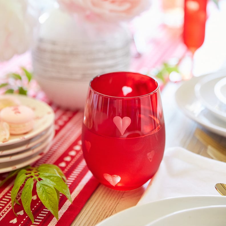 Etched Heart Red Stemless Wine Glass Set