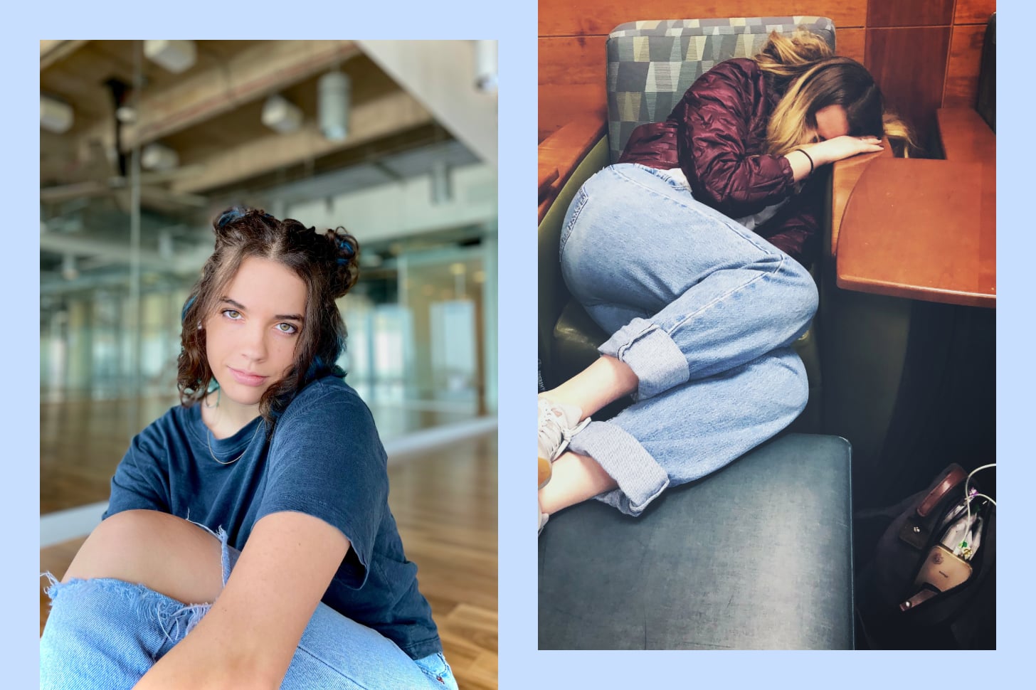 Side by side images of a girl sitting down on dance floor and sleeping on a chair in the library.