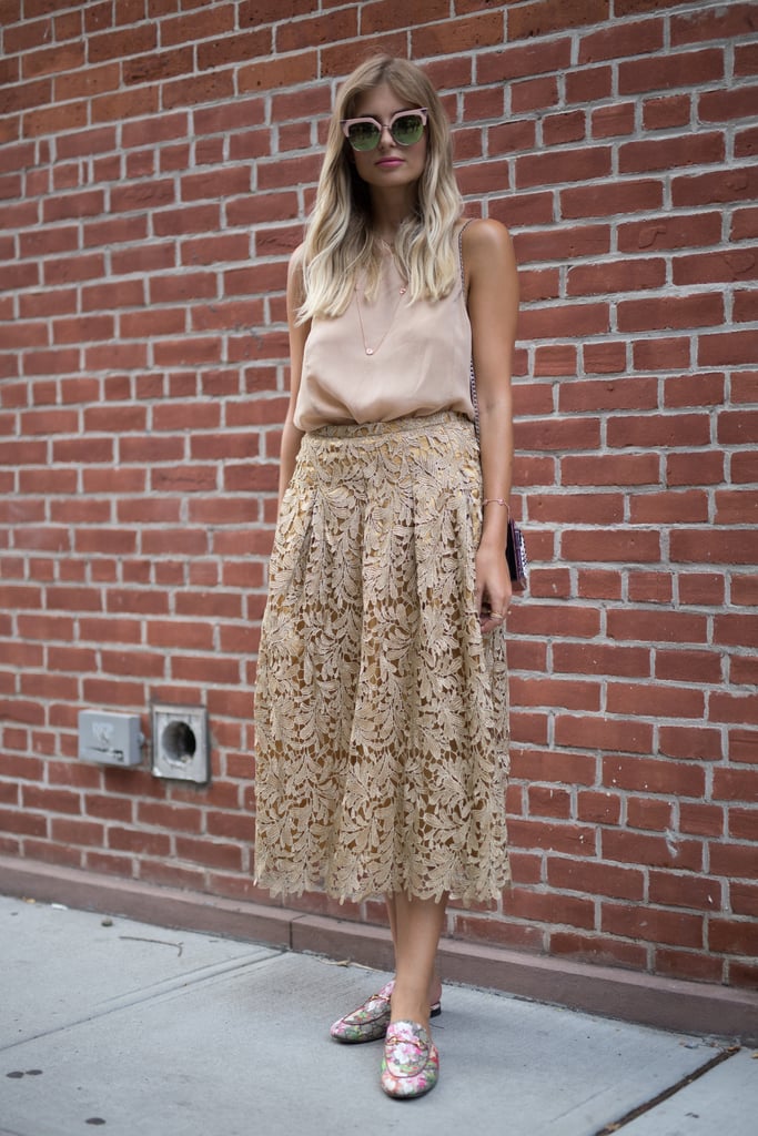 Take a tip from Xenia van der Woodsen and be ladylike in a silky neutral top and lace skirt.