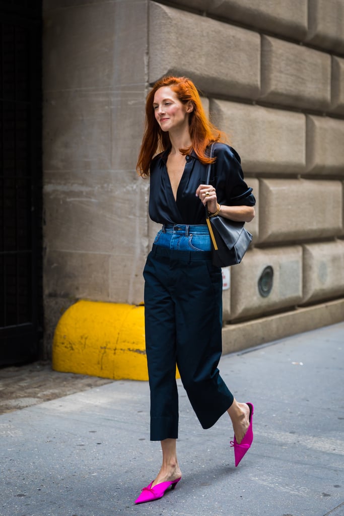 Taylor Tomasi Hill embraces the double waistband, and scores extra points with those hot pink mules.