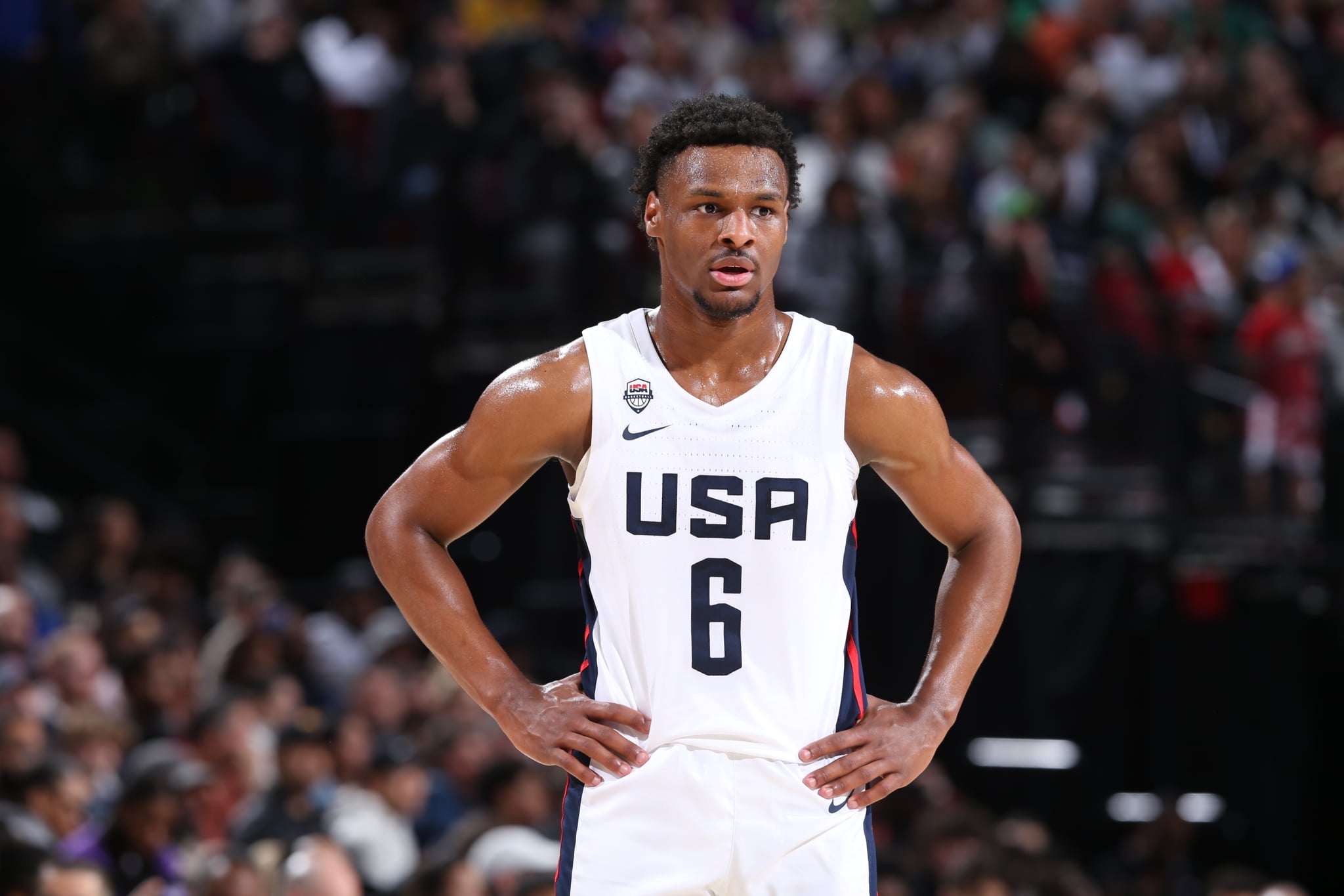 PORTLAND, OR - APRIL 8: Bronny James #6 of Team USA looks on during the 2023 Nike Hoop Summit on April 8, 2023 at the Moda Center Arena in Portland, Oregon. NOTE TO USER: User expressly acknowledges and agrees that, by downloading and or using this photograph, user is consenting to the terms and conditions of the Getty Images License Agreement. Mandatory Copyright Notice: Copyright 2023 NBAE (Photo by Sam Forencich/NBAE via Getty Images)