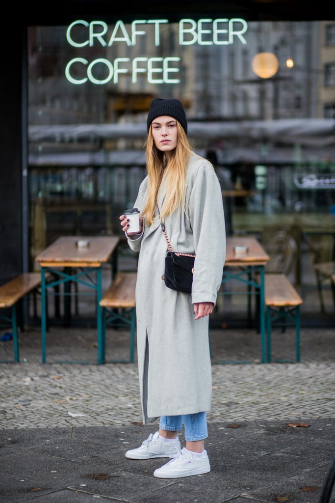 With Light Denim, a Long Grey Coat, and a Beanie