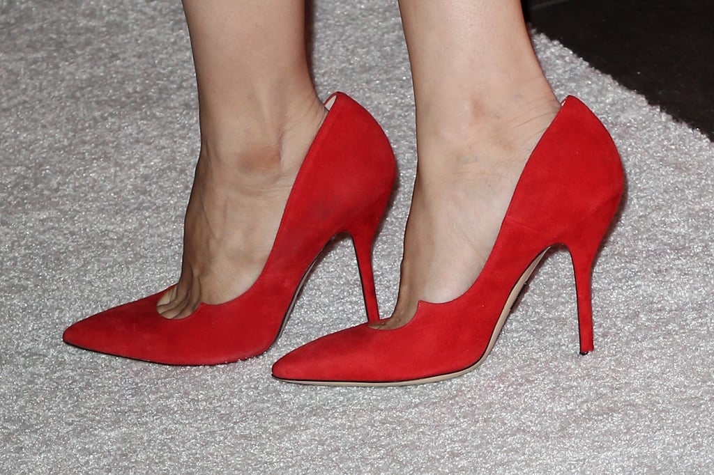 Rachel completed her design with red Paul Andrew pumps that took a subtle crescent silhouette.