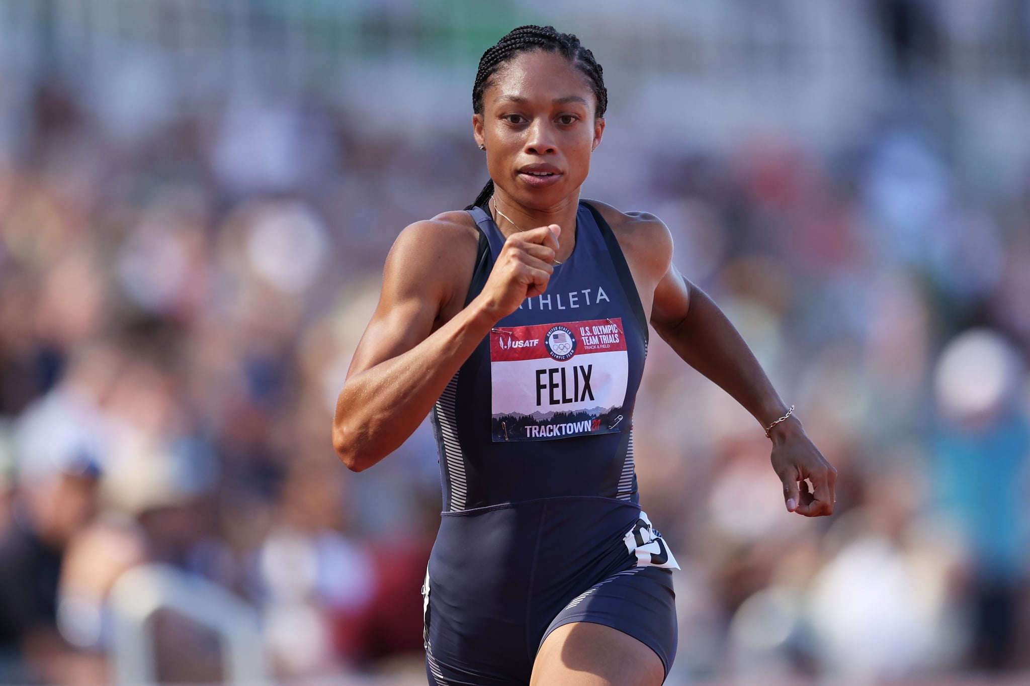 EUGENE, OREGON - JUNE 25: Allyson Felix competes in the Women' 200 Meters Semi-Finals during day eight of the 2020 U.S. Olympic Track & Field Team Trials at Hayward Field on June 25, 2021 in Eugene, Oregon. (Photo by Patrick Smith/Getty Images)