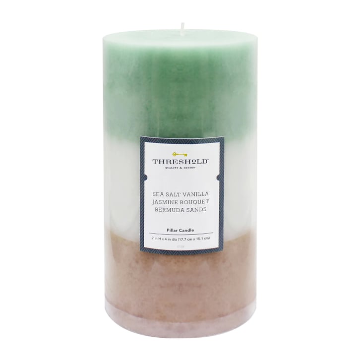 Layered Mottled Pillar Candle in Sea Salt Vanilla/Jasmine Bouquet