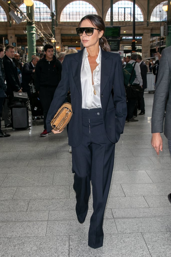 Victoria Beckham Black Suit and Silk Blouse in Paris 2018