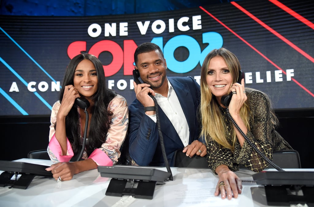 Ciara, Russell Wilson, and Heidi Klum taking donations on the phone.