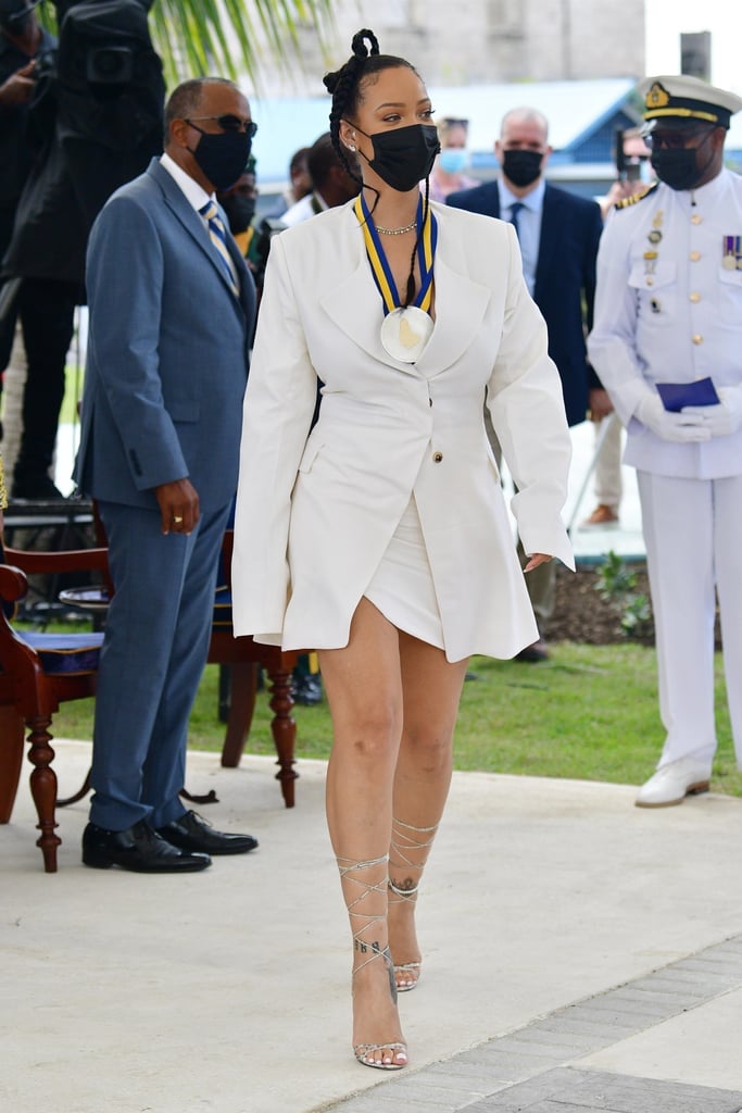 Rihanna Wears a White Dress and Blazer in Barbados