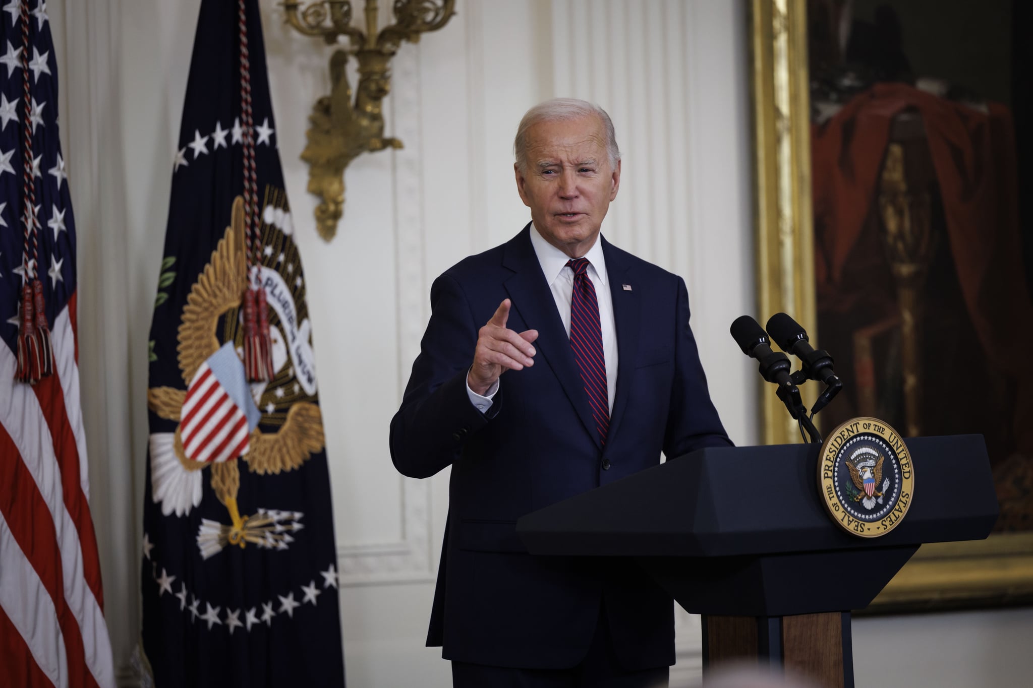US President Joe Biden speaks during an event with a bipartisan group of mayors in the East Room of the White House in Washington, DC, US, on Friday, Jan. 19, 2024. Border management has become an undeniable political burden for Biden, with Republicans continuing to attack the administration for its policies and Democratic mayors complaining about inadequate resources to manage migrants who've dispersed to their cities. Photographer: Ting Shen/Bloomberg via Getty Images