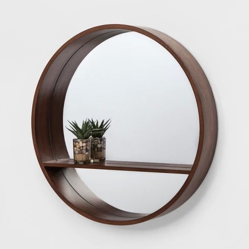 24" Walnut Round Barrel Decorative Wall Mirror With Shelf