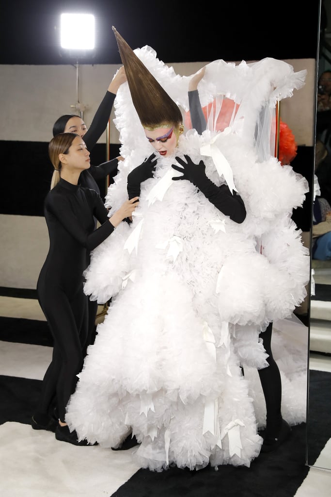 Model Ariel Nicholson in Tomo Koizumi at New York Fashion Week