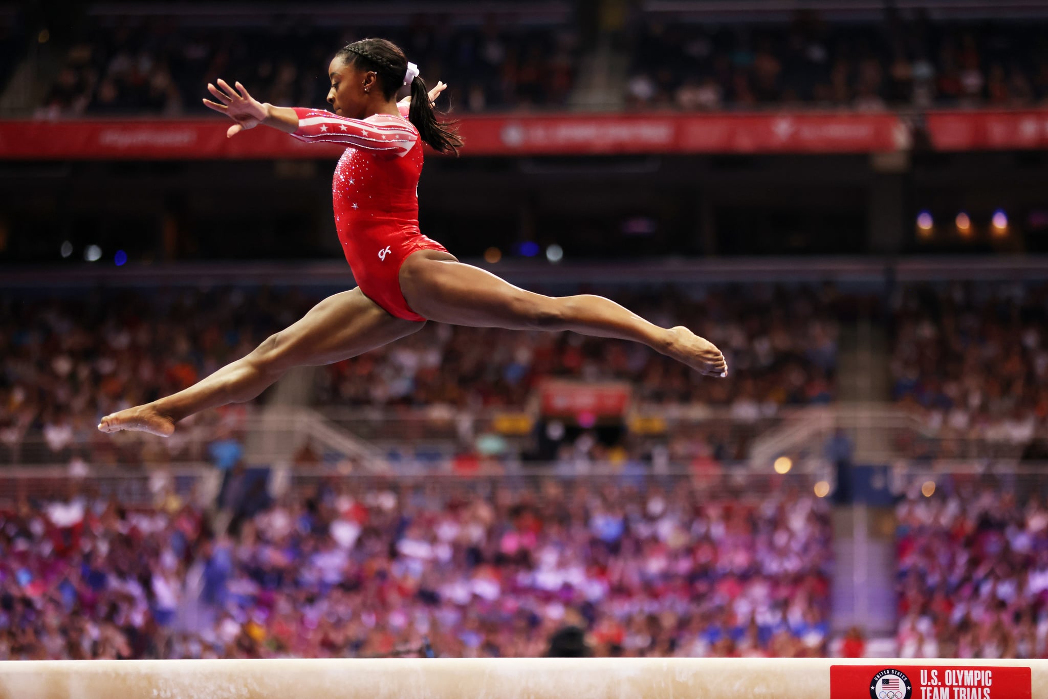 ST LOUIS, MISSOURI - JUNE 27: Simone Biles competes on the balance beam during the Women's competition of the 2021 U.S. Gymnastics Olympic Trials at America's Center on June 27, 2021 in St Louis, Missouri. (Photo by Jamie Squire/Getty Images)