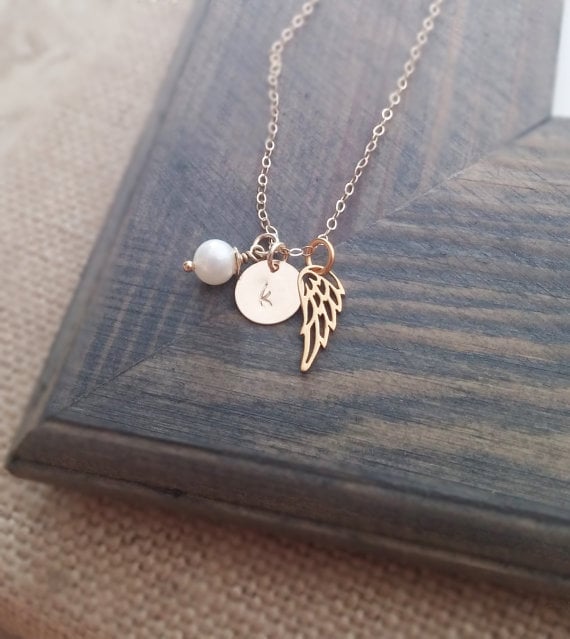 angel wing initial necklace