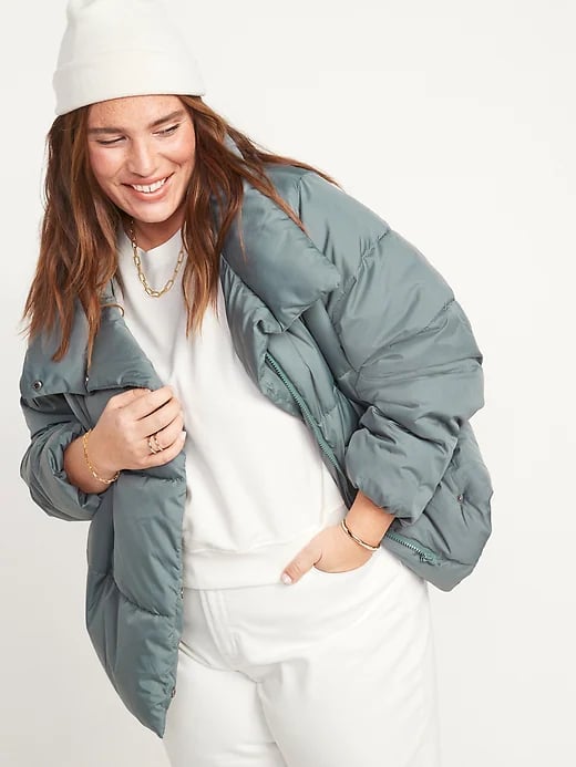 Old Navy Water-Resistant Double-Breasted Puffer Jacket in Thyme to Pretend