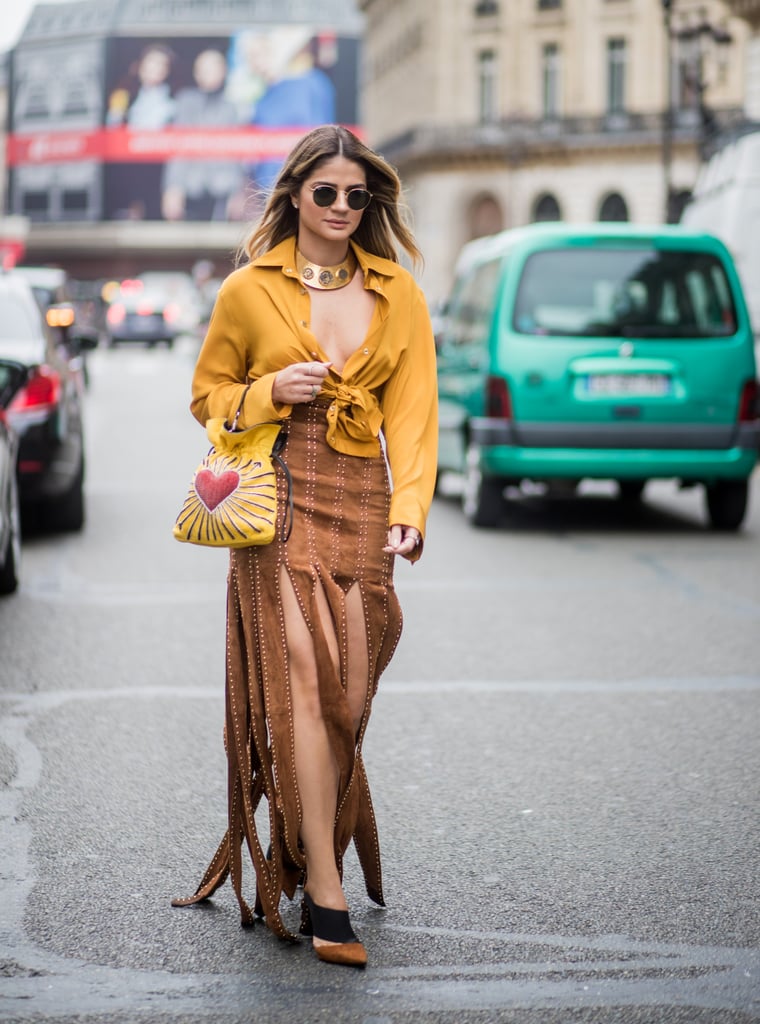 Style a Yellow Blouse With a Suede Skirt