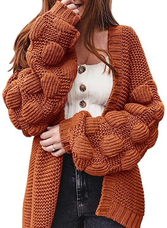 Women’s Knit Cardigan Open Front Cable Casual Long Sleeve Button Down Baggy Sweaters Coat 