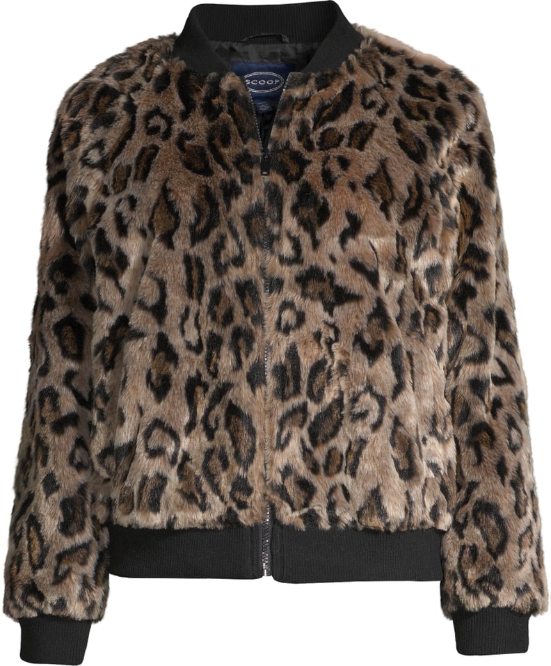 Scoop Faux Fur Leopard Knit Panel Zip-Up Bomber Jacket
