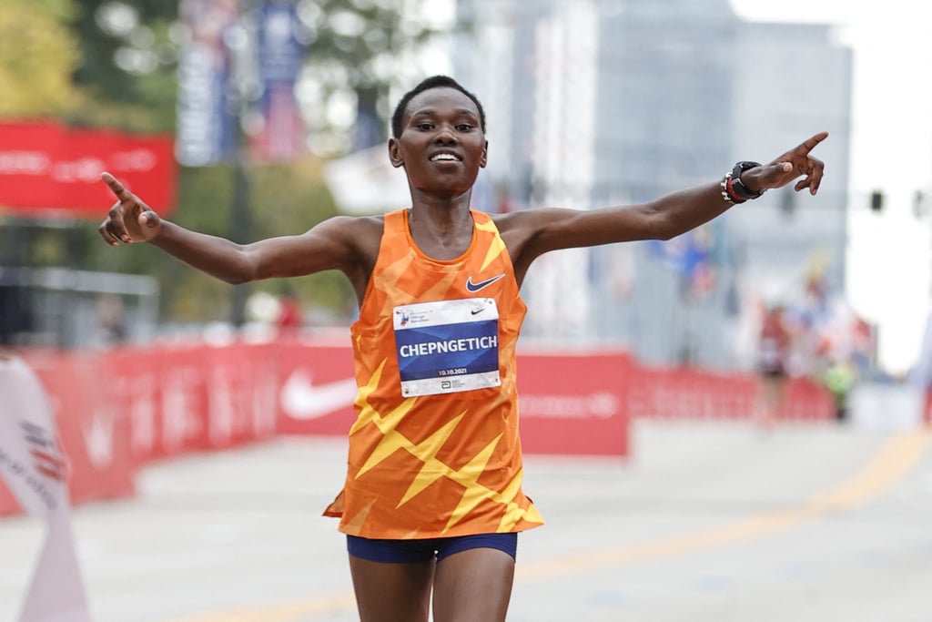 Ruth Chepnegetich Celebrates Winning the 2021 Chicago Marathon