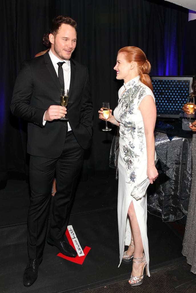 Chris Pratt toasted with Jessica Chastain backstage.