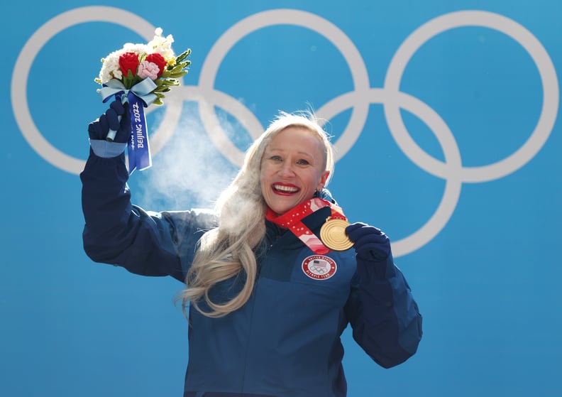 YANQING, CHINA - FEBRUARY 14:  Gold medallist Kaillie Humphries of Team United States poses during the Women's Monobob Bobsleigh medal ceremony on day 10 of Beijing 2022 Winter Olympic Games at National Sliding Centre on February 14, 2022 in Yanqing, Chin