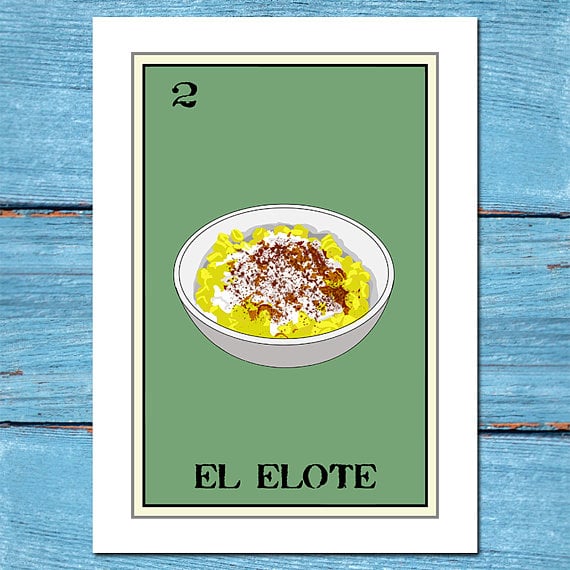 This lotería-inspired print deserves a spot in your gallery wall.
Elote Lotería Print ($15)