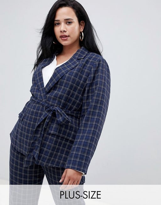 Fashion Union Tie Waist Check Blazer