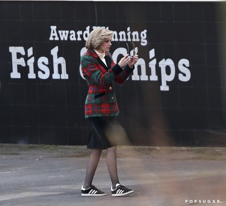 Kristen Stewart Wearing a Tartan Blazer as Princess Diana on Set