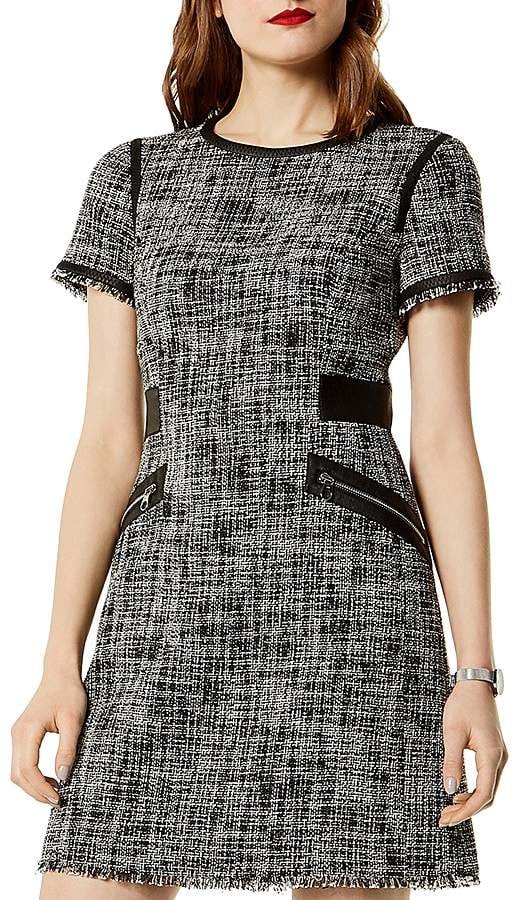Karen Millen Faux-Leather Trim Tweed Dress