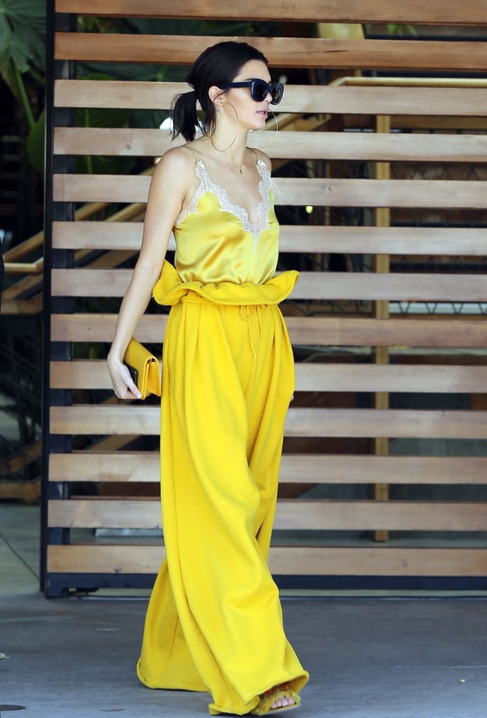 Kendall Jenner Wearing Yellow Paperbag-Waist Trousers