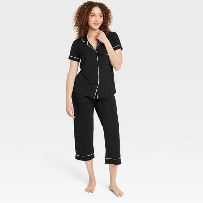Auden Cloud Knit Short Sleeve Notch Collar Top and Cropped Pants Pajama Set
