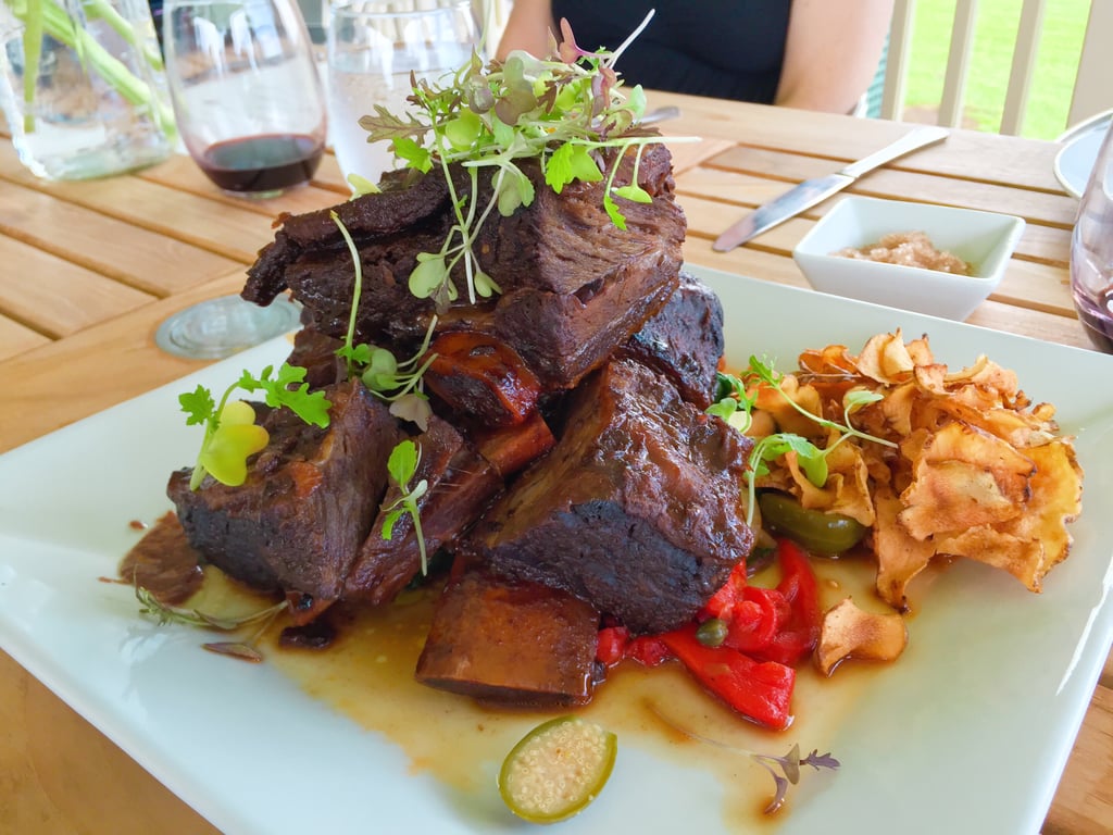 The entrée was this impressive stack of braised Hana Ranch beef short ribs atop roasted ranch vegetables. It was super tender and bursting with flavor thanks to a five-spice broth.