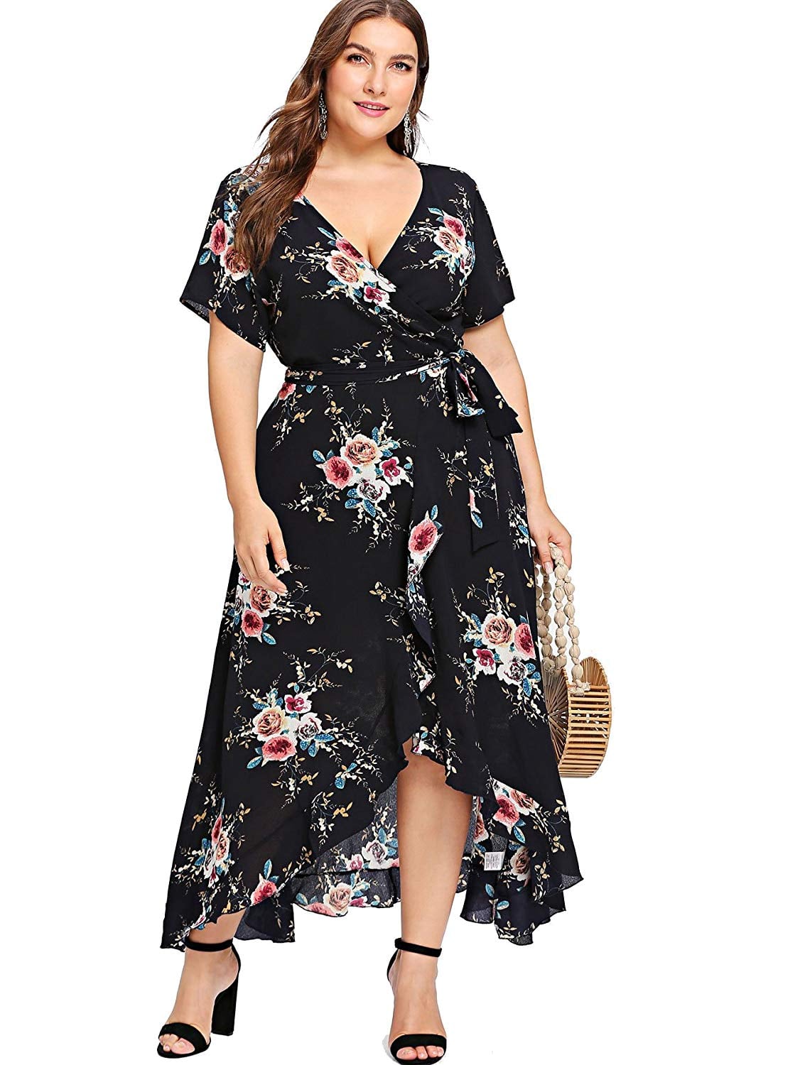 Women Summer Plus Size Dress Floral Graphic Long Dress Wrap V Neck Short Sleeve Gowns Empire Waist Casual Maxi Dress 