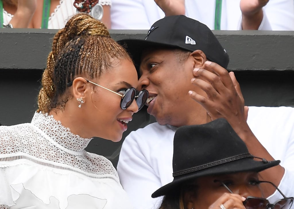The  women's final of the Wimbledon Tennis Championships drew in thousands of fans, but Beyoncé and Jay Z might have had the most fun out of all of them. On Saturday, the couple showed their support for pal Serena Williams — who famously made a cameo in Beyoncé's Lemonade — from the stands at London's All England Lawn Tennis Club. Clad in matching white ensembles, the duo cheered Serena on from her box as they attentively watched her win her 22nd Grand Slam title.
Beyoncé is currently in Europe for her Formation world tour and earlier this week, the singer posted a powerful, moving statement in response to the recent tragic reports of police brutality. Along with her response, she also paid tribute to the victims who've lost their lives to police brutality during her show on Thursday night by projecting their names on a giant onstage screen as she sang "Freedom" a cappella. See more of Beyoncé and Jay Z's outing below; then check out her most inspiring quotes.
