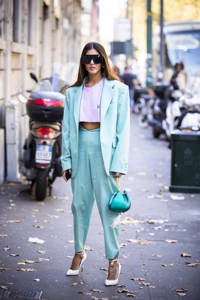 Try a cropped t-shirt with a high-rise trouser-and-blazer set.