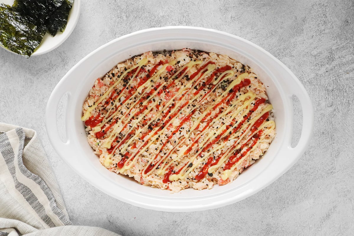 Sushi bake in a casserole dish