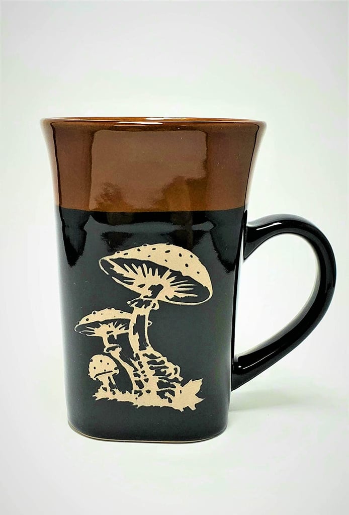 Mushroom Coffee mug or Tea cup Deep Carved Engraved Square Two-Tone Flared-Rim Stoneware Mug,