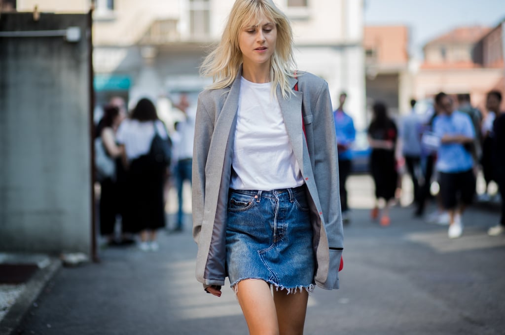 A denim miniskirt feels so elevated with a white t-shirt and blazer?